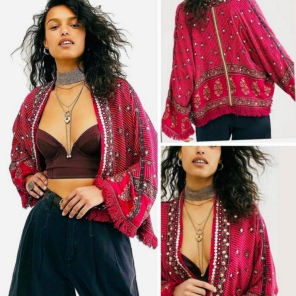 Free People Rare Embellished Rays Of Light Kimono Cape Cardigan Jacket Medium